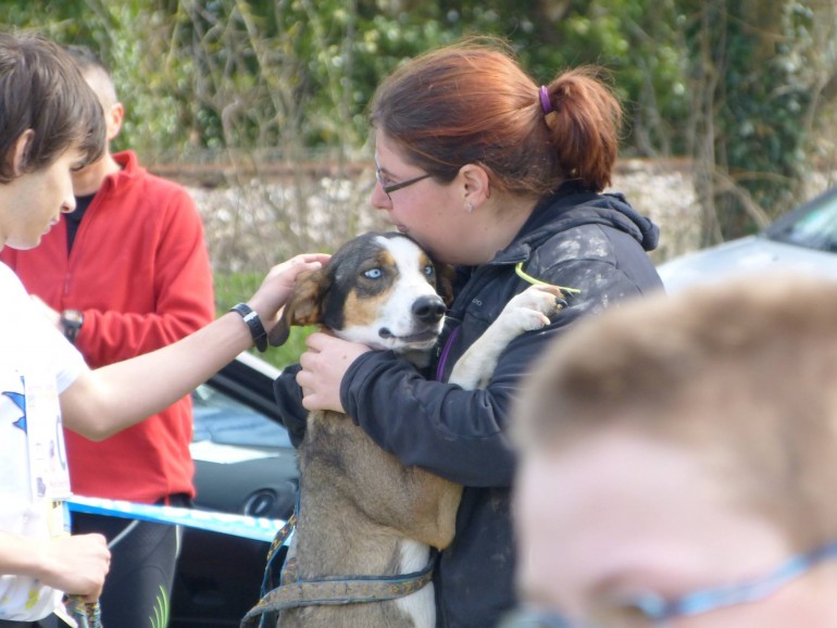 Mathilde en mode câlin avec un de ses chiens