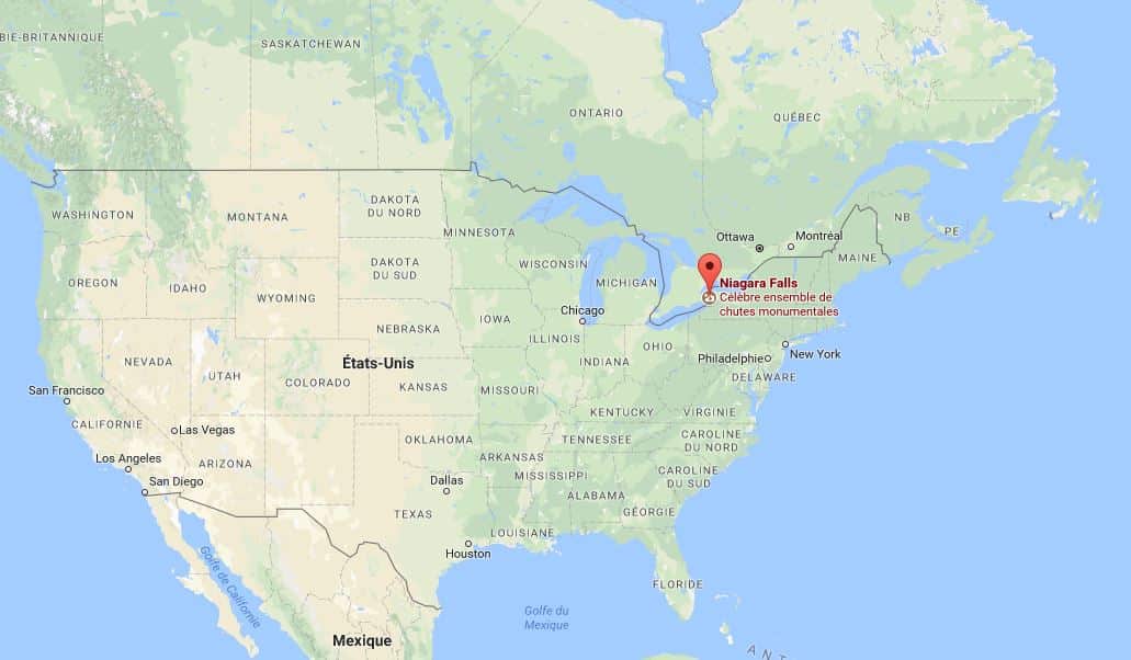 Carte chute du Niagara - Amérique du nord