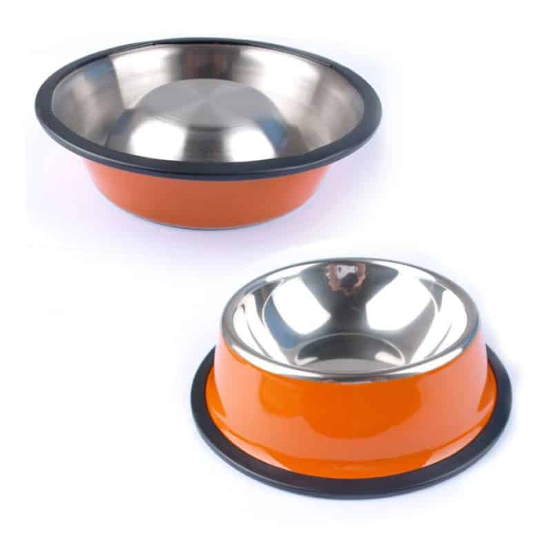 gamelle pour chien coloree en acier inoxydable orange dessus dessous