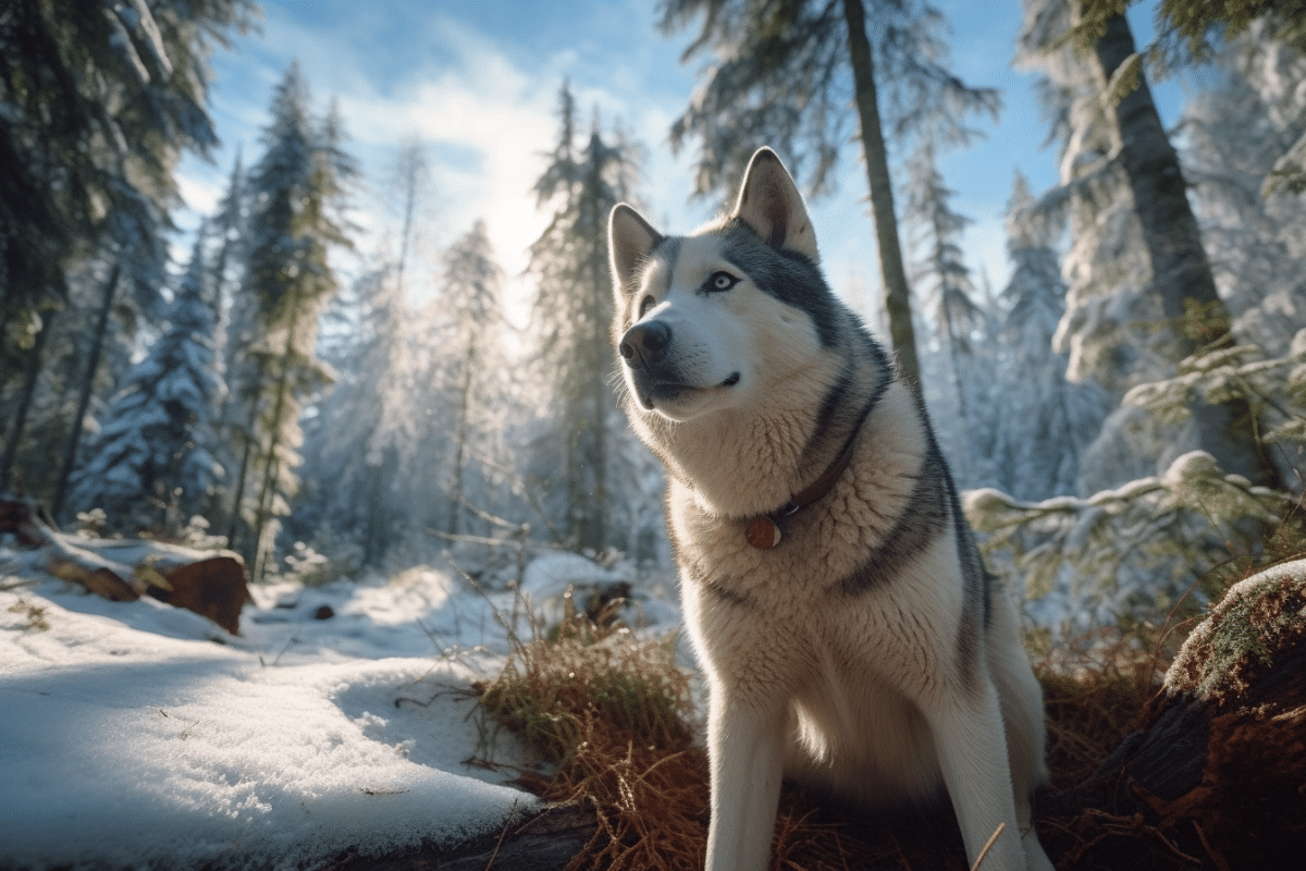 husky de siberie yeux bleu dans la neige